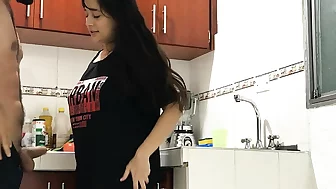Fucking in the kitchen of my house while my stepfathers are lying down - Porn in Spanish